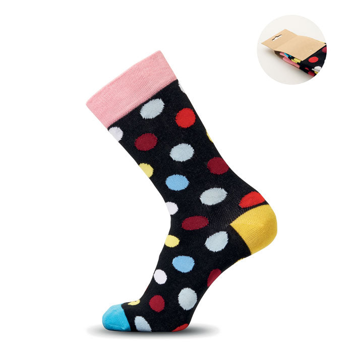 FUNNY M - Calcetines estampados alegres, calcetín oscuro con puntos de colores brillantes y puño rosa.