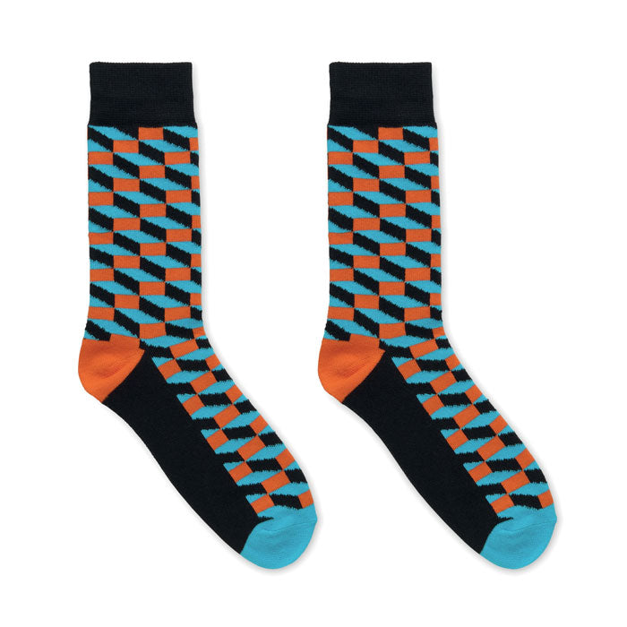FUNNY M - Calcetines estampados alegres con diseño geométrico en negro, azul y naranja.