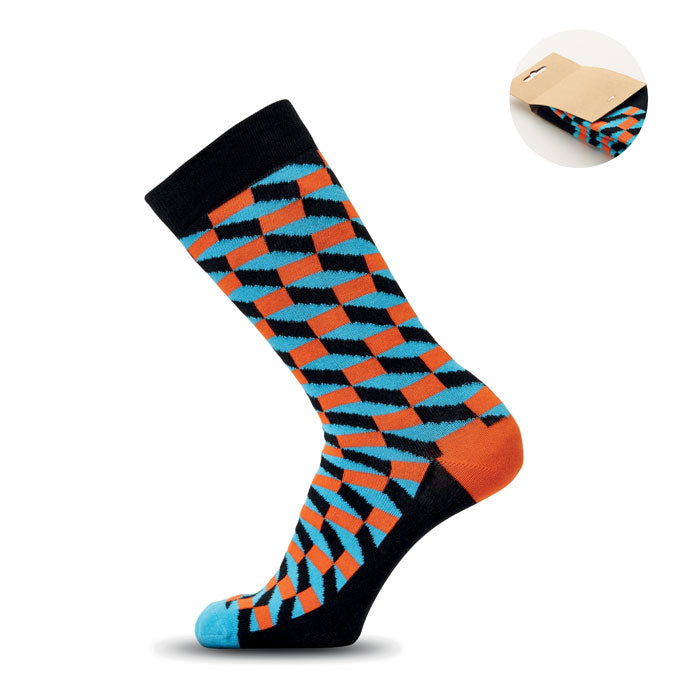 FUNNY M - Calcetines estampados alegres, calcetín de diseño divertido en colores azul, naranja y negro.