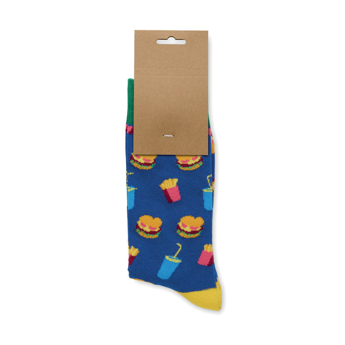 FUNNY M - Calcetines estampados alegres con diseño de comida rápida sobre fondo azul.