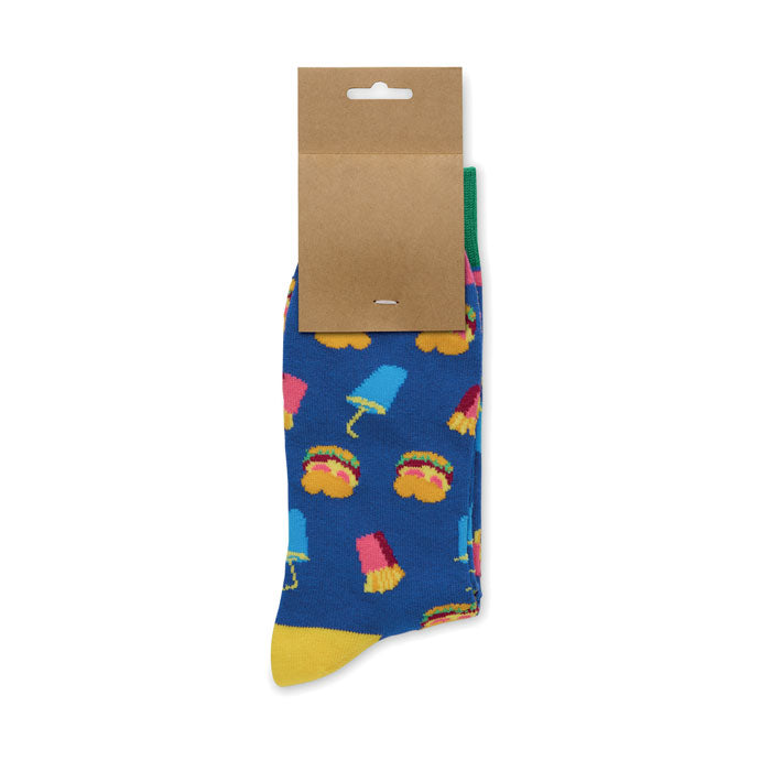 FUNNY M - Calcetines estampados alegres con divertidos diseños de hamburguesas y helados sobre fondo azul.