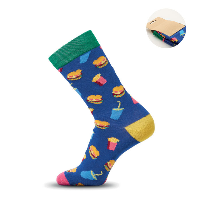 FUNNY M - Calcetines estampados alegres, calcetines coloridos con diseños de comida rápida sobre fondo azul.