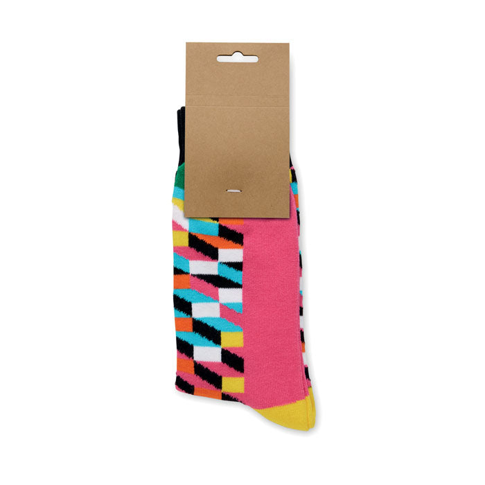 FUNNY M - Calcetines estampados alegres con diseños coloridos y etiqueta de papel kraft.