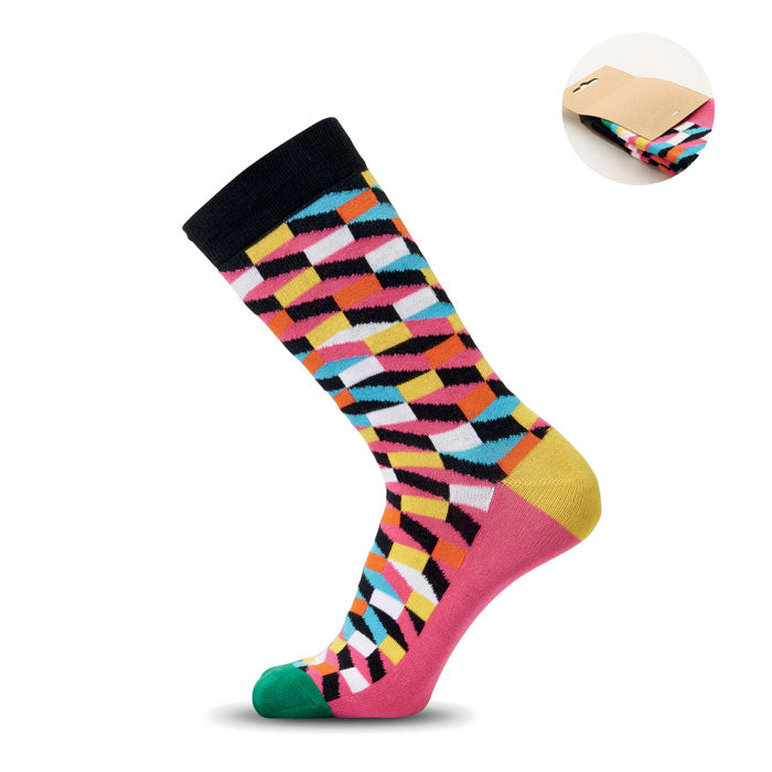 FUNNY M - Calcetines estampados alegres con diseños coloridos y divertidos, talla M, en vista lateral.