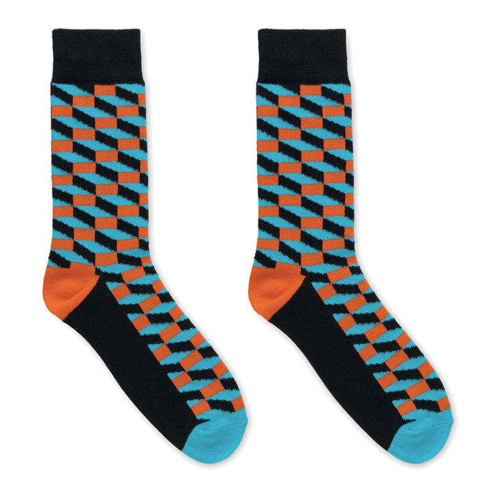 Calcetines estampados alegres FUNNY L con diseño divertido en colores azul, naranja y negro.