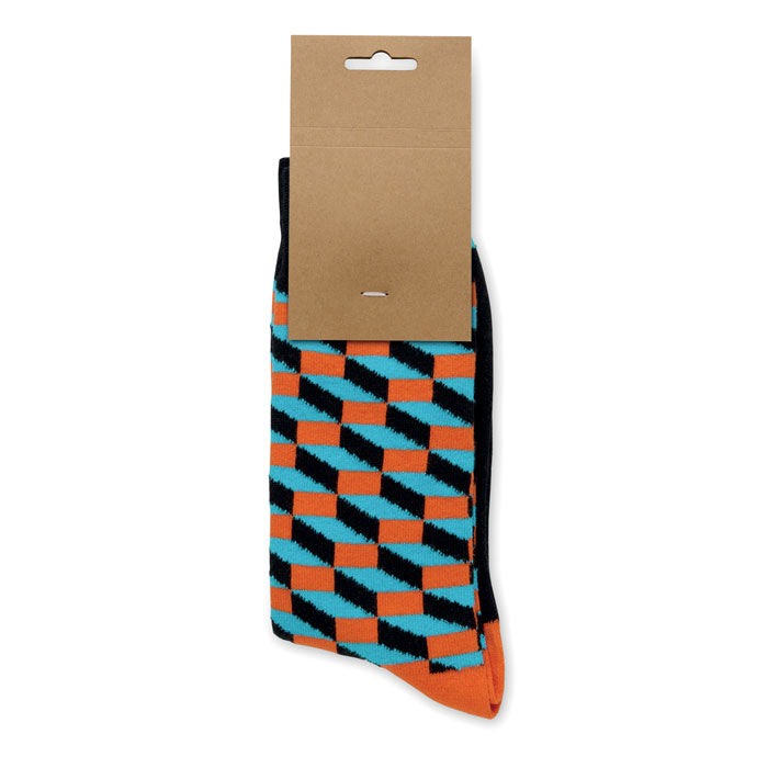 FUNNY L - Calcetines estampados alegres con diseño colorido y etiqueta de papel kraft.