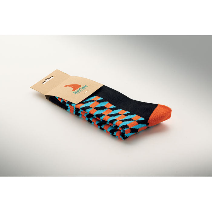 FUNNY L - Calcetines estampados alegres con diseño colorido y etiqueta de papel kraft.