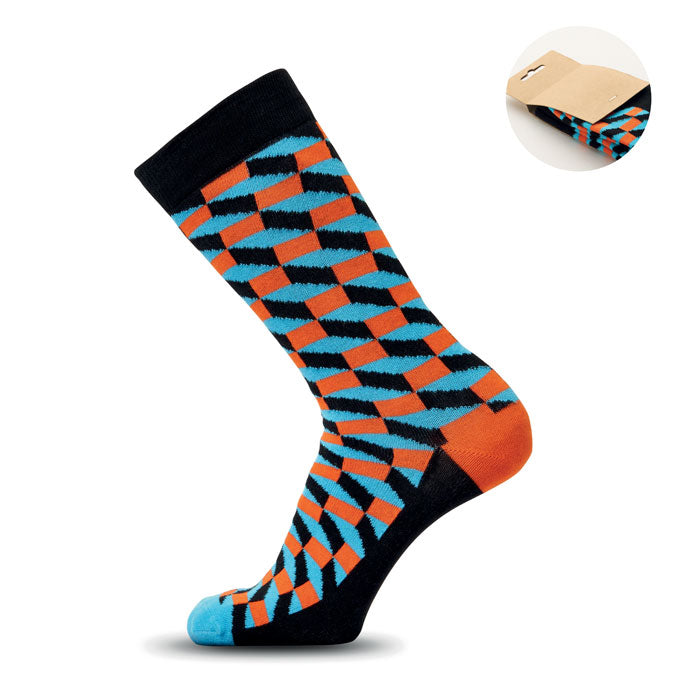Calcetines estampados alegres FUNNY L con diseño geométrico en colores naranja y azul.