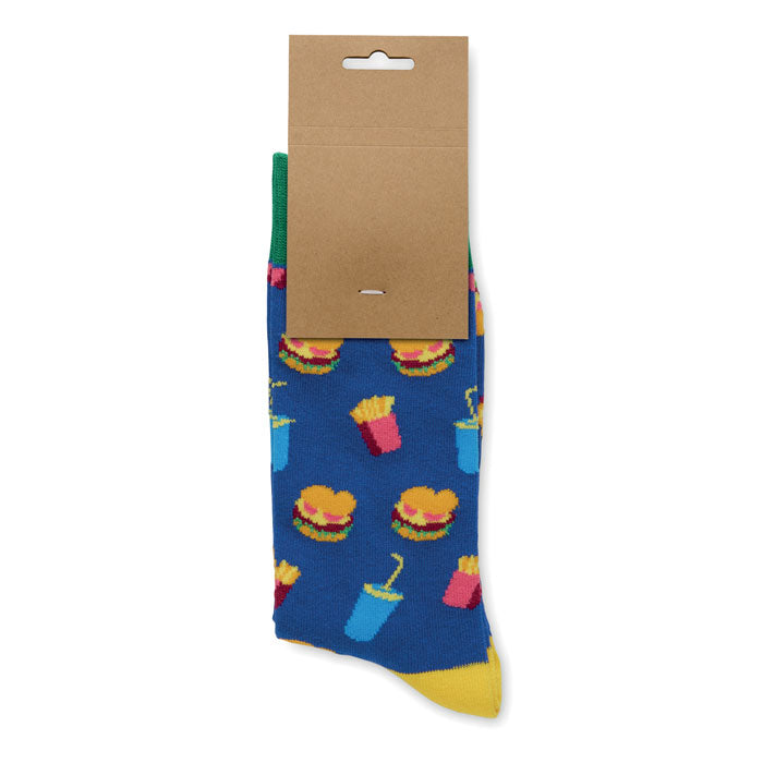 FUNNY L - Calcetines estampados alegres con diseños de hamburguesas y bebidas en fondo azul.