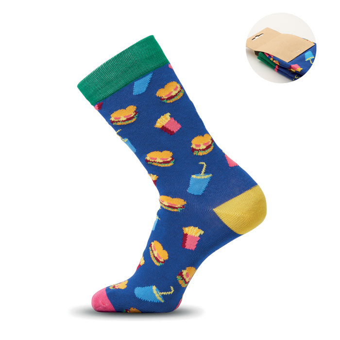 FUNNY L - Calcetines estampados alegres con diseño de hamburguesas y papas fritas, en color azul.