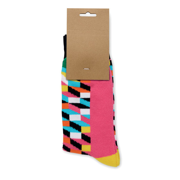 FUNNY L - Calcetines estampados alegres, calcetines coloridos y divertidos con etiqueta de papel kraft.