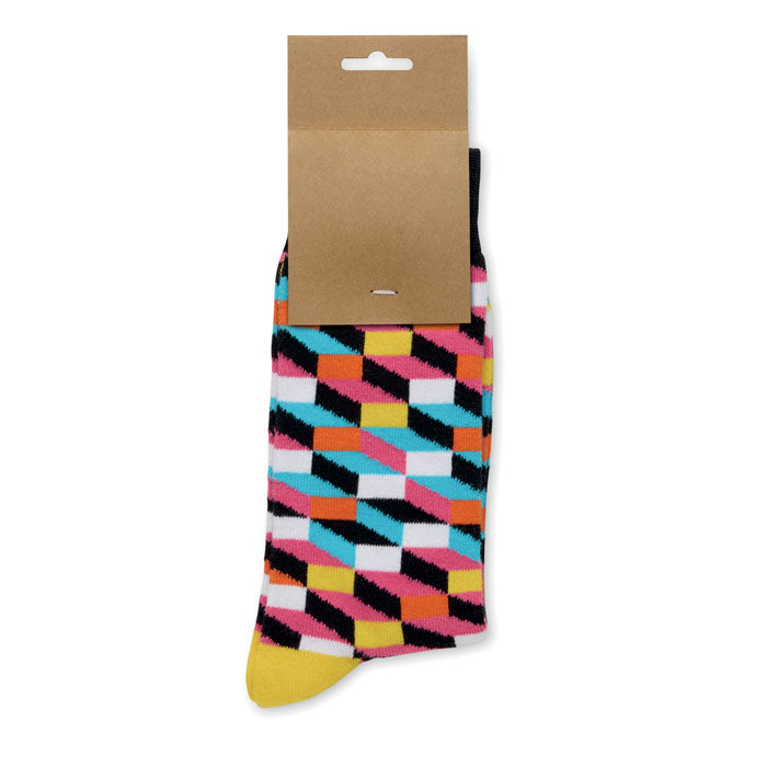FUNNY L - Calcetines estampados alegres con diseños coloridos y etiqueta de papel kraft.