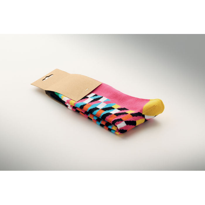FUNNY L - Calcetines estampados alegres con diseño colorido y etiqueta de papel kraft.