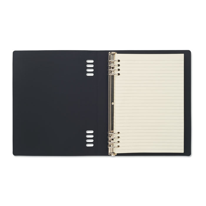 SPIRABLE - Cuaderno A5 recargable de PU abierto, mostrando páginas rayadas y anillas de metal.