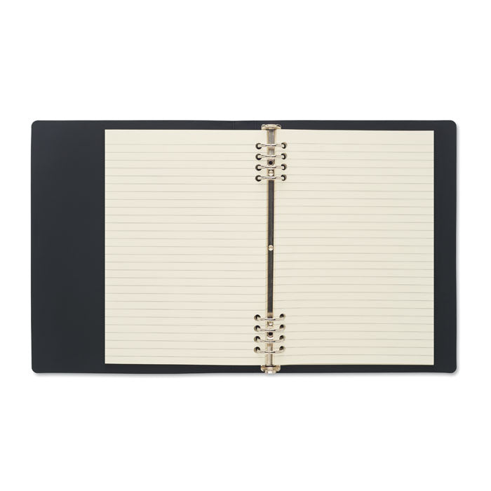 SPIRABLE - Cuaderno A5 recargable de PU abierto, mostrando páginas rayadas y encuadernación de espiral.