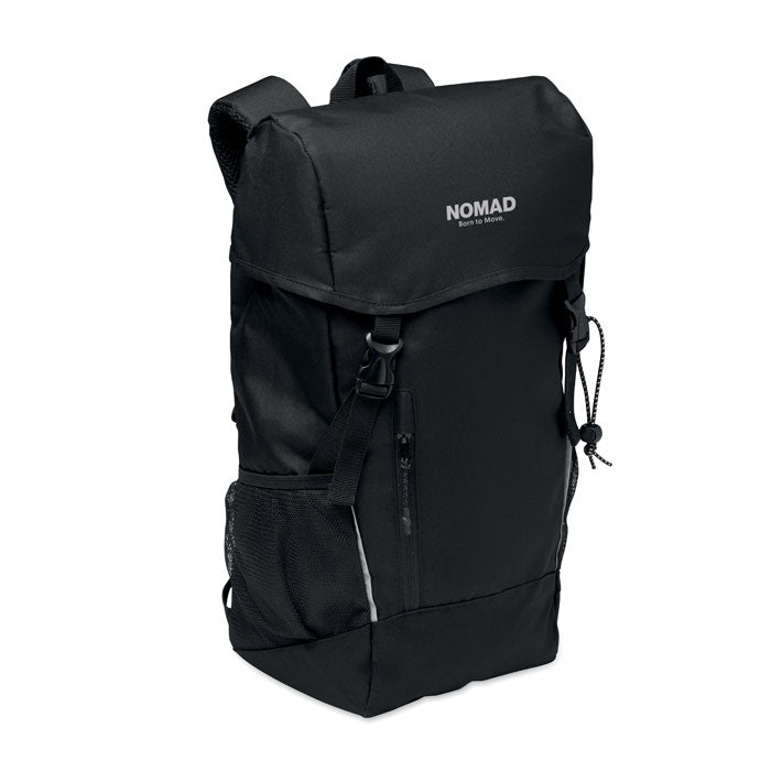SIENA - Mochila RPET 15L, mochila negra con detalles reflectantes y compartimento para portátil.