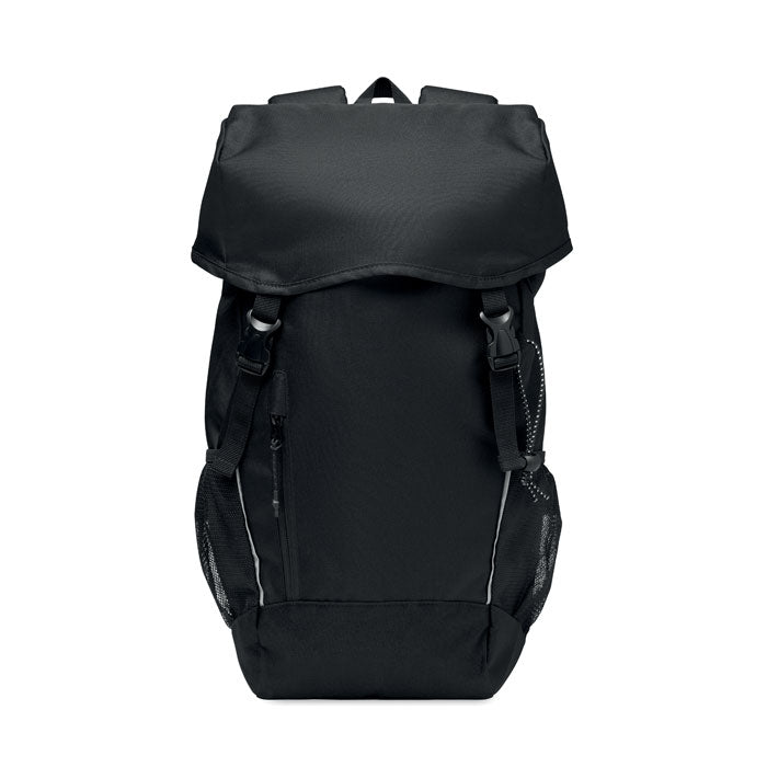 SIENA - Mochila RPET 15L en color negro, diseñada con compartimento principal y bolsillos laterales.