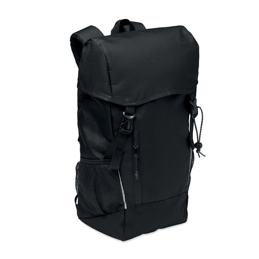 SIENA - Mochila RPET 15L en color negro, diseño moderno con bolsillo frontal y laterales de malla.