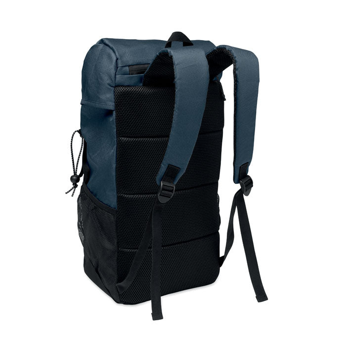SIENA - Mochila RPET 15L vista lateral con detalles en azul y negro, diseñada para mayor comodidad y funcionalidad.