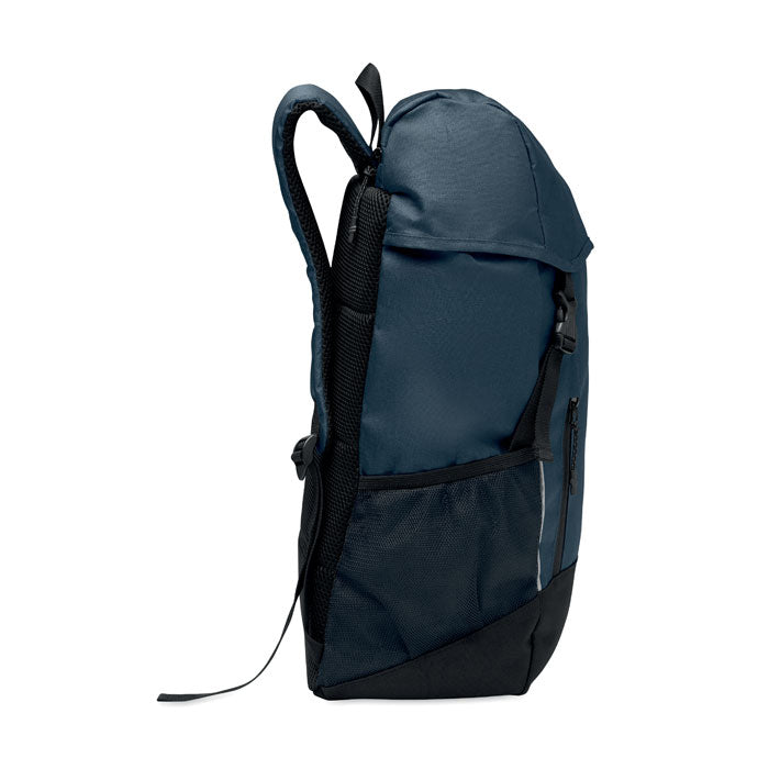 SIENA - Mochila RPET 15L vista lateral con compartimento de cordón y bolsillo lateral de malla