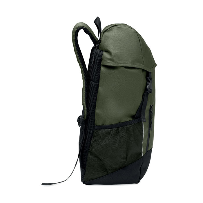 SIENA - Mochila RPET 15L de poliéster verde con compartimentos y detalles reflectantes.