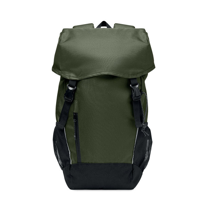 SIENA - Mochila RPET 15L en color verde, con compartimentos y detalles reflectantes para uso diario.