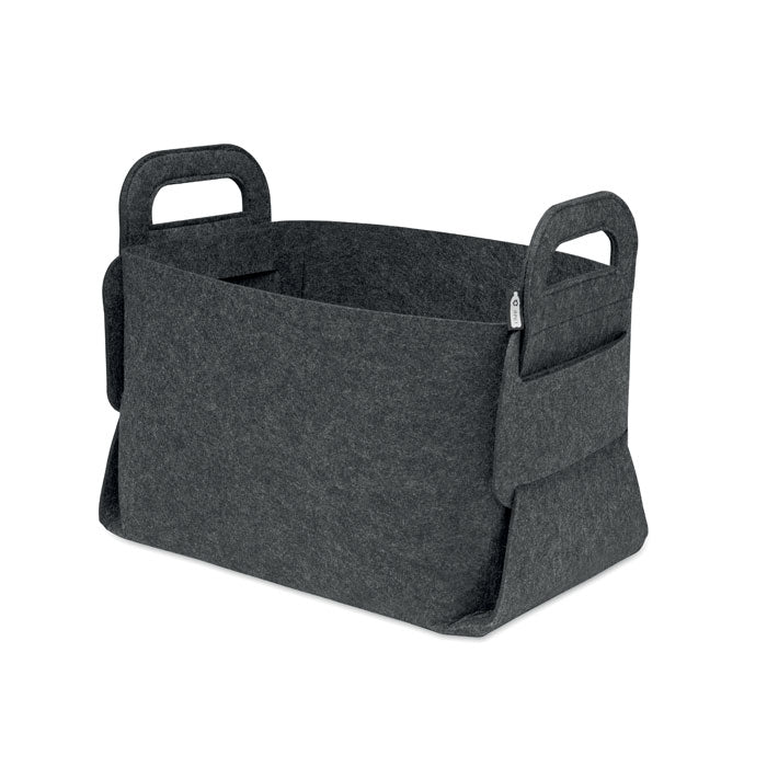 FIALAN - Cesta plegable de fieltro RPET en color gris, ideal para almacenamiento con asas para fácil transporte.
