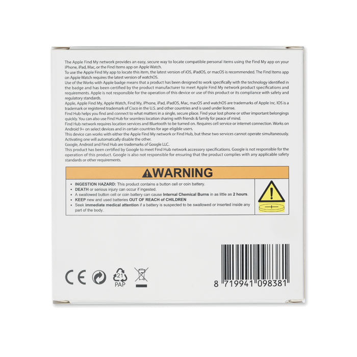 Advertencia en la parte trasera de la caja del LIFEMATE - Localizador inteligente, con información de seguridad.