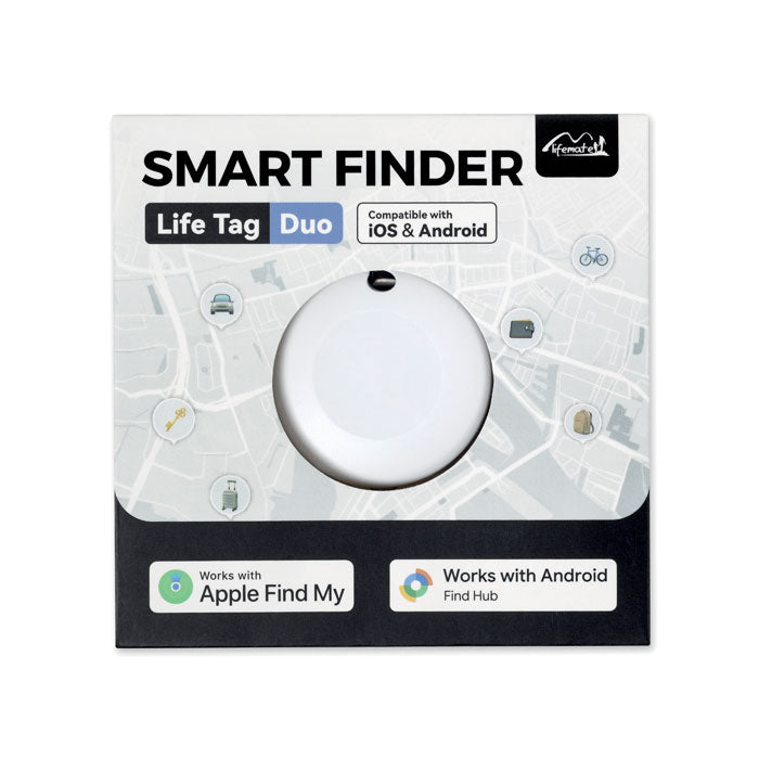 Empaque frontal del LIFEMATE - Localizador inteligente, incluye el Life Tag Duo y compatibilidad con iOS y Android.
