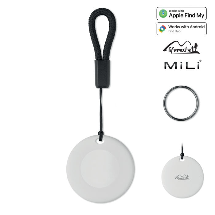 Vista frontal del LIFEMATE - Localizador inteligente, en color blanco, con correa y anillo para llavero.