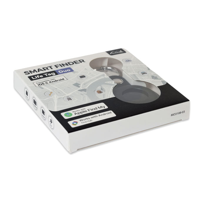 Caja del LIFEMATE IN PU CASE - Localizador inteligente, mostrando compatibilidad con Apple y Android.