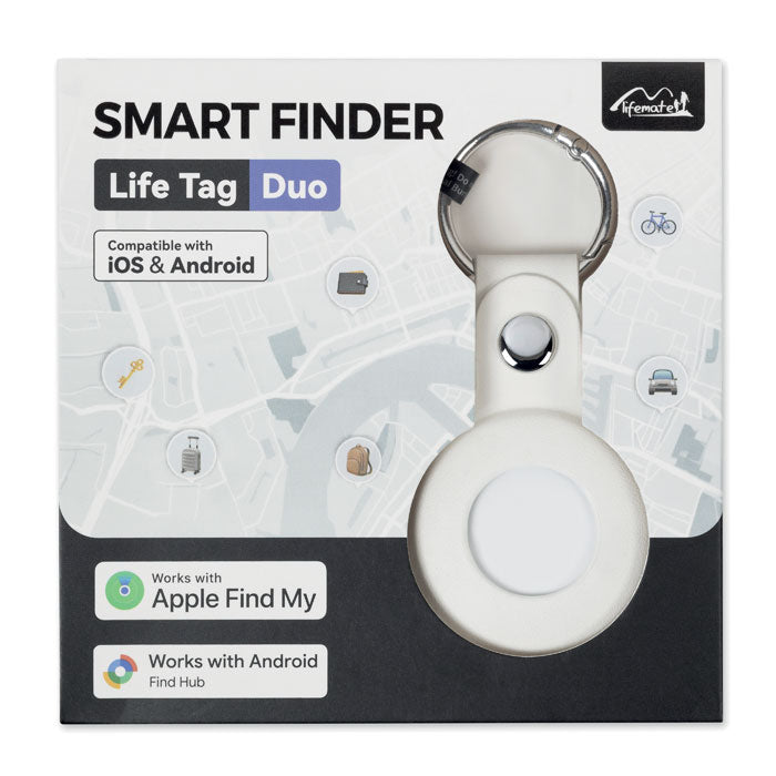 Presentación del LIFEMATE IN PU CASE - Localizador inteligente en su empaque, mostrando compatibilidad con iOS y Android.