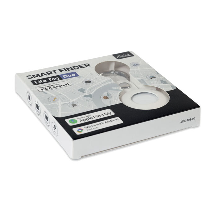 Vista del empaquetado del LIFEMATE IN PU CASE - Localizador inteligente con detalles de compatibilidad y diseño.