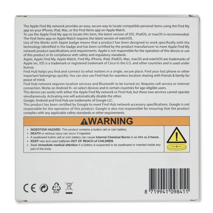 Instrucciones de uso y advertencias para el LIFEMATE IN PU CASE - Localizador inteligente en la parte trasera.