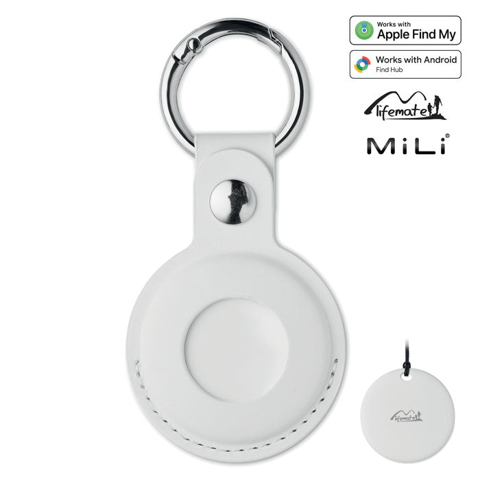 LIFEMATE IN PU CASE - Localizador inteligente en color blanco con argolla y diseño redondo.