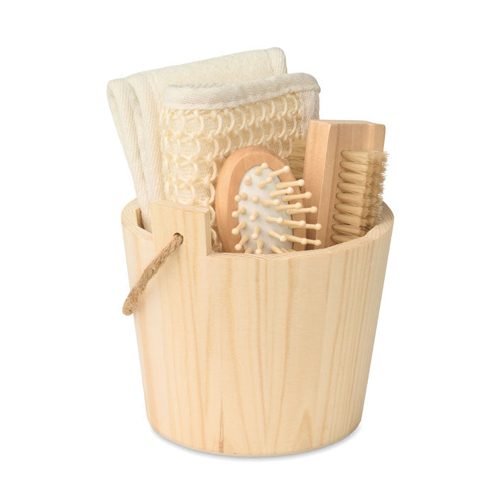 SELFCARE - Set de baño en cubo de madera con cepillo y guante exfoliante