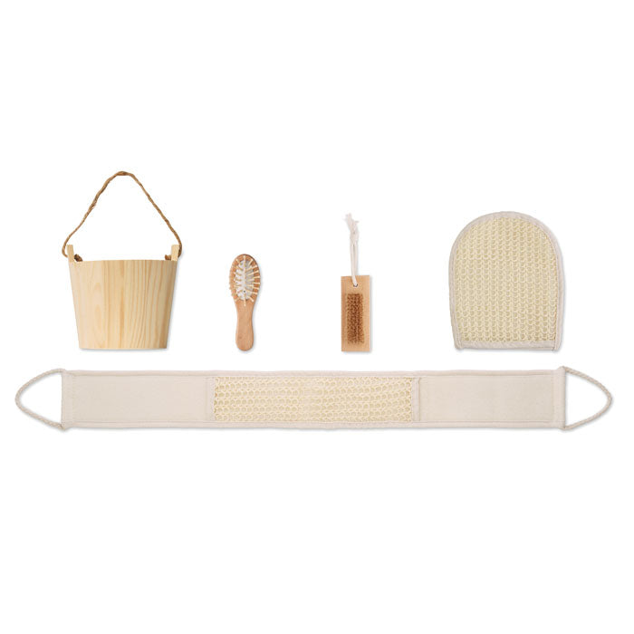SELFCARE - Set de baño en cubo de madera que incluye cepillo, guante exfoliante y banda de lino.