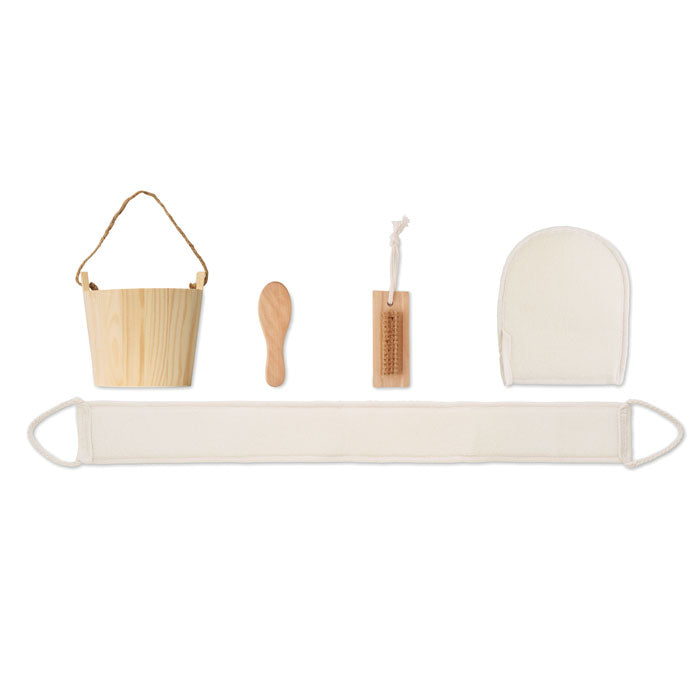 SELFCARE - Set de baño en cubo de madera que incluye cepillo, guante exfoliante y banda de lino.