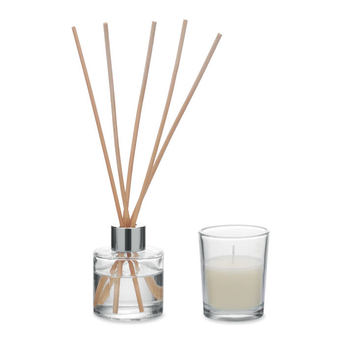 MUSKA SET - Set vela y difusor de vainilla: difusor de fragancia con varillas y vela de cera vegetal.