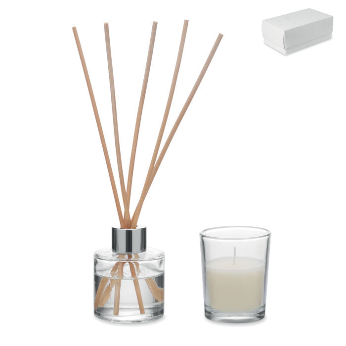 MUSKA SET - Set vela y difusor de vainilla con difusor de cristal y vela de cera vegetal en caja de regalo.