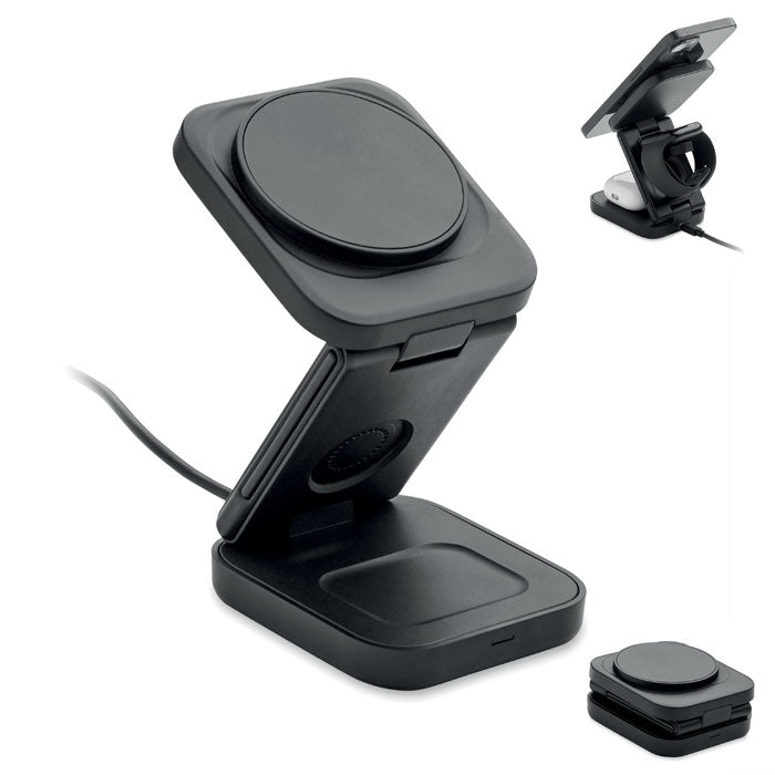 SATELIT - Base de carga plegable 3 en 1, cargador inalámbrico magnético, diseño estilizado en color negro.