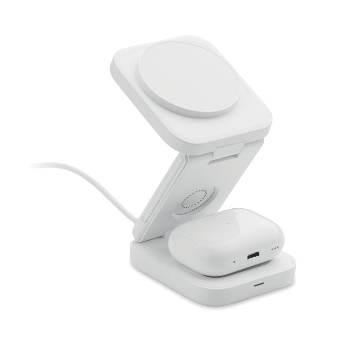 SATELIT - Base de carga plegable 3 en 1 en color blanco, diseño compacto y funcional para cargar dispositivos.