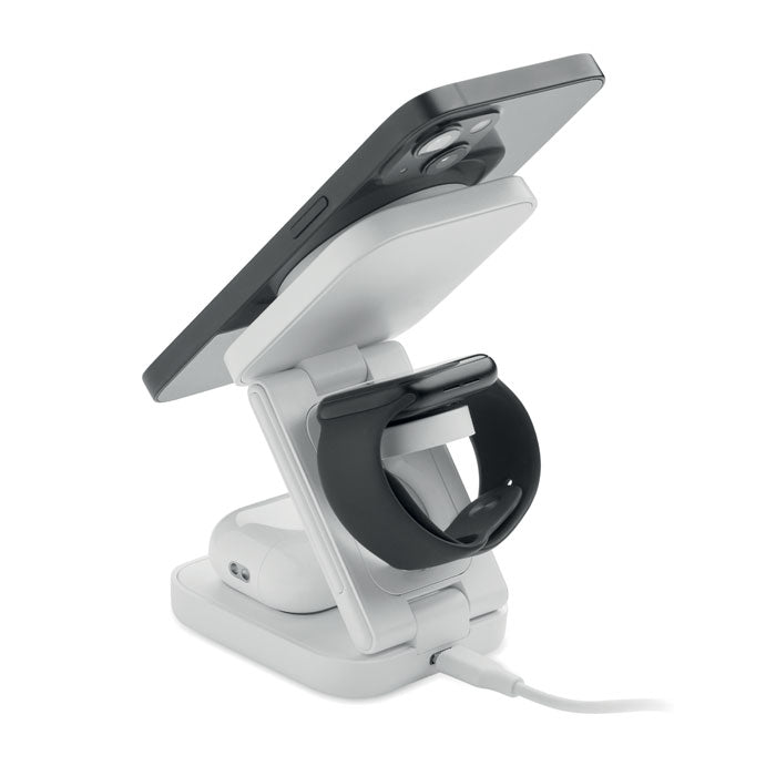 SATELIT - Base de carga plegable 3 en 1 con soporte para smartphone y cargador de reloj inteligente.