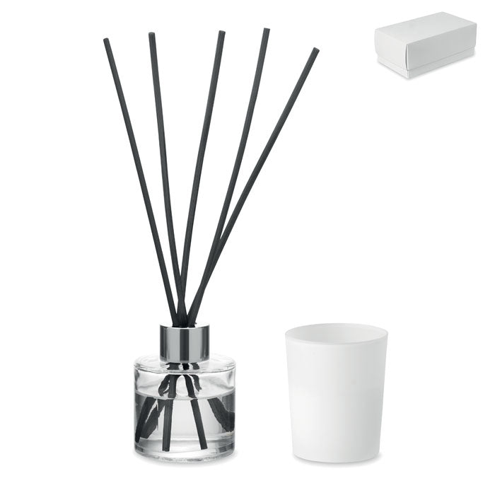 KALOMA SET - Set vela y difusor de vainilla con difusor de vidrio y vela blanca en caja de regalo.