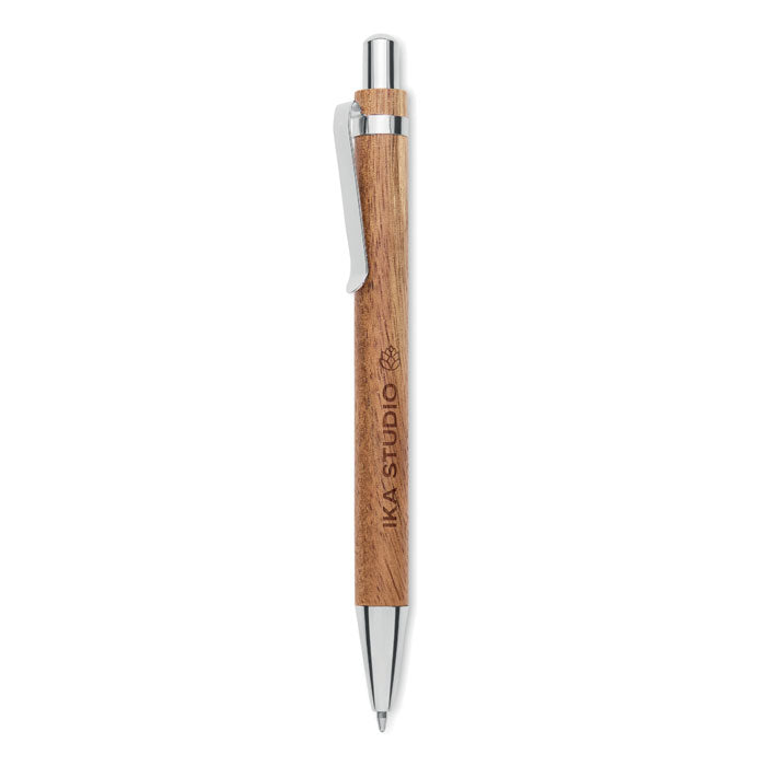 JAKARTA - Bolígrafo de madera de acacia con detalles cromados brillantes y tinta azul.