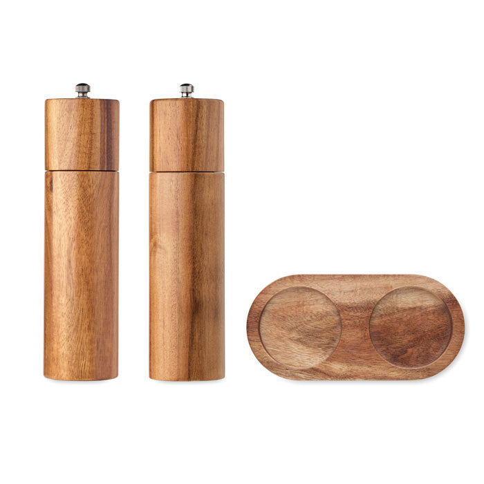 TUCCO SET - Set sal y pimienta de acacia con molinillos de madera de acacia y base.