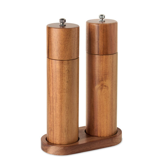 TUCCO SET - Set sal y pimienta de acacia en madera de acacia con base y mecanismo de molienda cerámico.