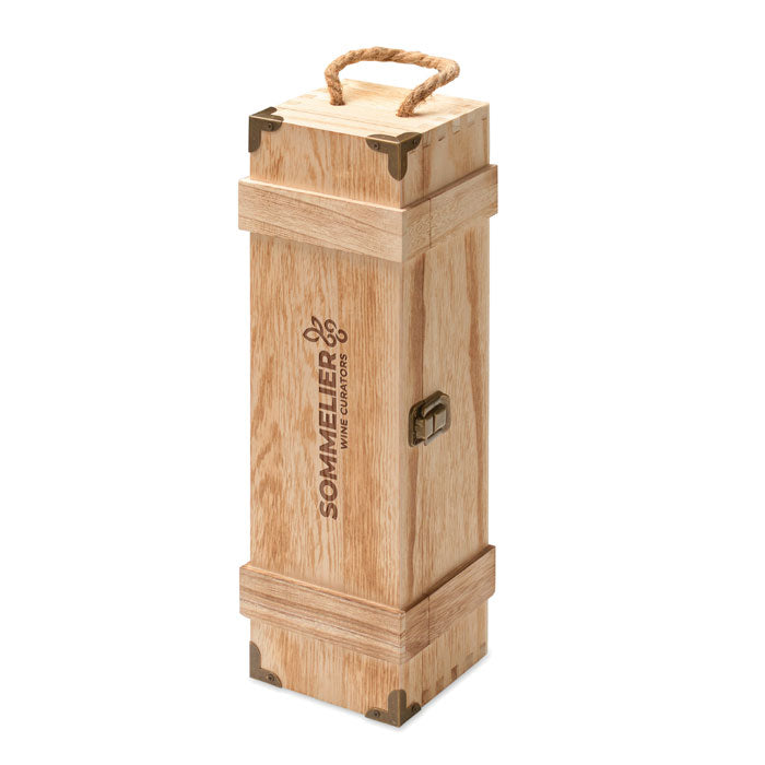 VINBOX + - Caja de madera para vino con cierre metálico y asa de cordón en diseño elegante.
