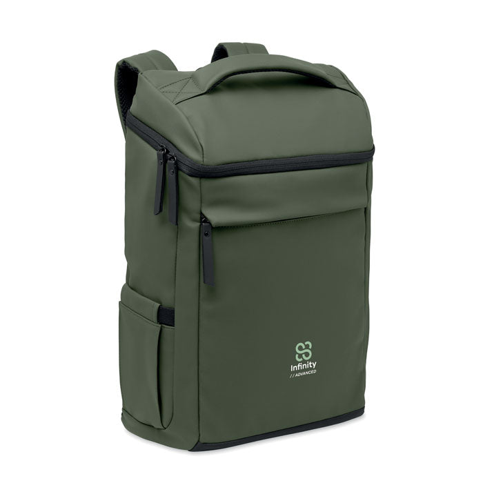 BOULDER - Mochila PU para portátil 15" en color verde con compartimentos y diseño moderno.