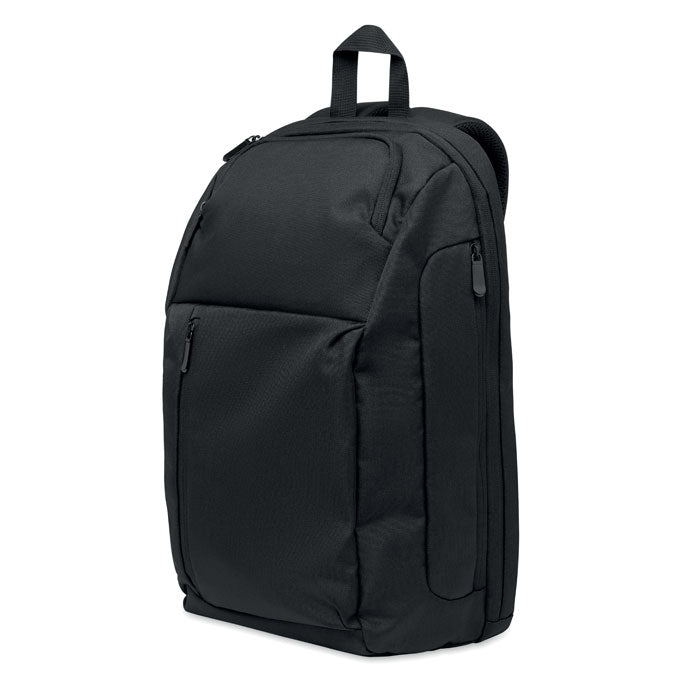 DOHA - Mochila portátil 15" RPET 15L en color negro con múltiples compartimentos y diseño moderno.